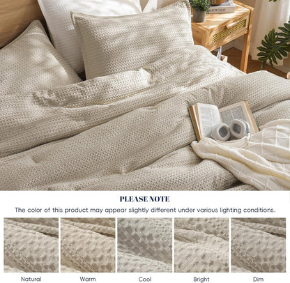 Soft Waffle Comforter Set King Size- Comfy Breathable Waffle Weave Comforter with 2 Pillow Shams, 3 Pieces Less Snagging Lightweight Textured Bedding Set for All Season, Natural/Linen