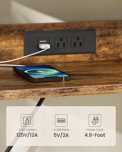 Record Player Stand with Power Outlet, Vinyl Record Storage Side Table, 19" Large Tabletop, Charging Station & Crossed Frame Design for Turntable, Rustic Brown and Black TBZ48UBF