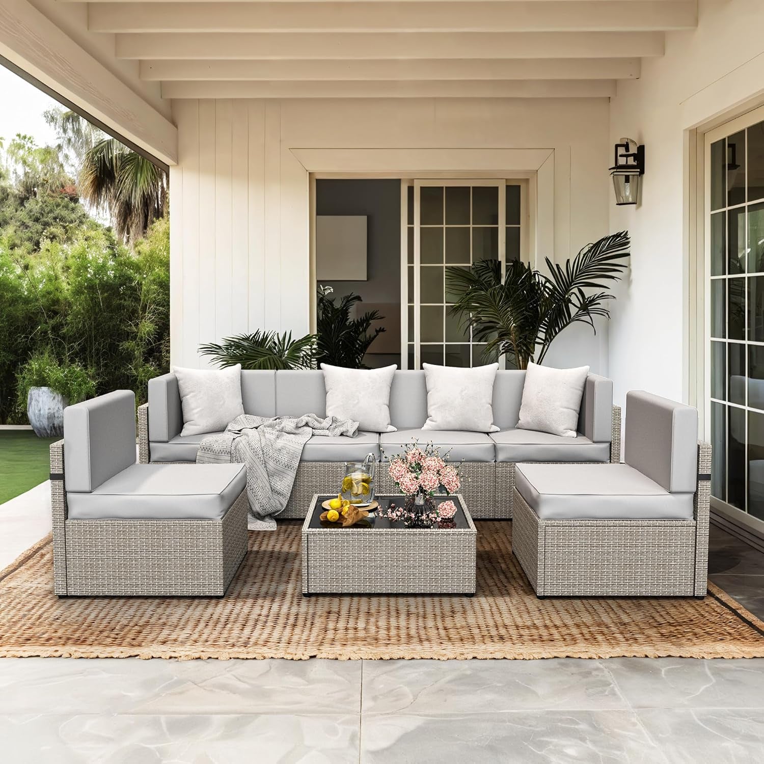 7-Piece Outdoor Sectional Furniture Set, All-Weather Wicker Patio Sofa with Washable Cushions, Gray Waterproof Rattan Conversation Set for Backyard, Poolside, Garden (Gray Cushions)