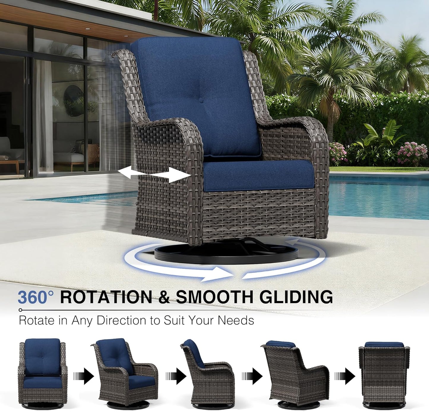 3 Piece Wicker Patio Furniture Set, Outdoor Swivel Rocker Patio Chairs with High Back, Deep Seating, Wide Armrest, Thickened Cushions, Outdoor Furniture for Deck, Porch Use