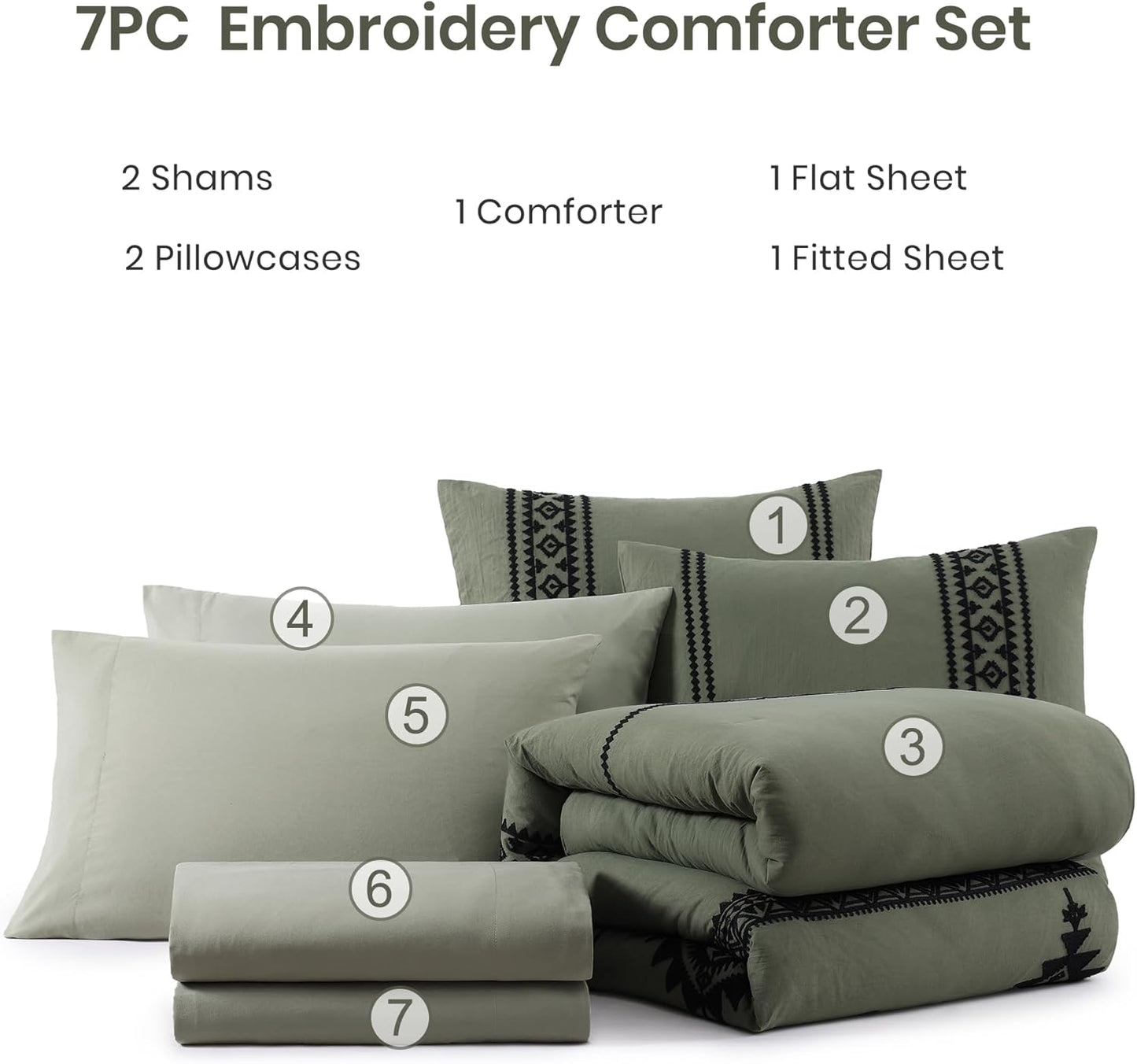 MAIREVE Embroidery Comforter Sets King Size Olive Green - 7 Pieces, Farmhouse Western Bedding Comforter Set, All Season Bed in a Bag King with Sheets, Comforters, Pillowcases & Shams