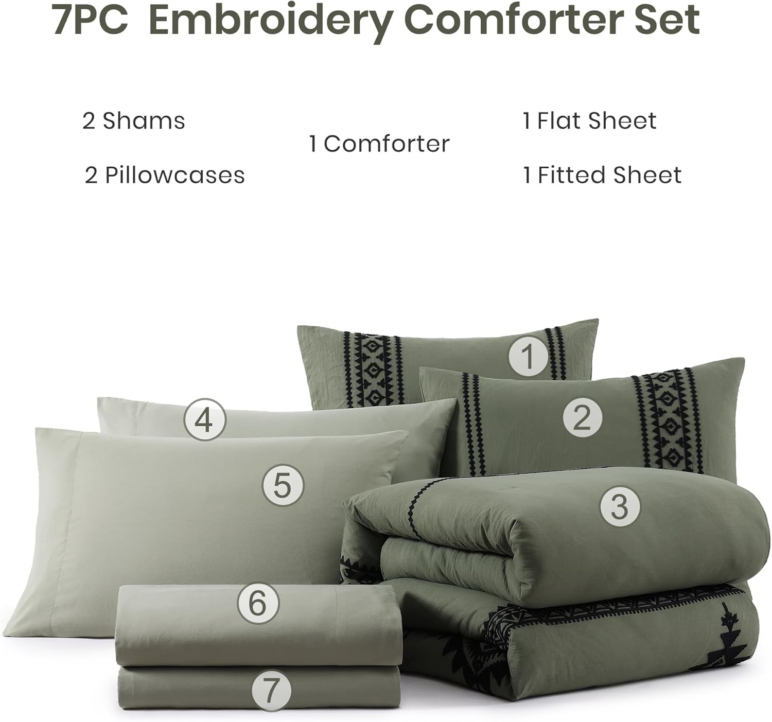 MAIREVE Embroidery Comforter Sets King Size Olive Green - 7 Pieces, Farmhouse Western Bedding Comforter Set, All Season Bed in a Bag King with Sheets, Comforters, Pillowcases & Shams
