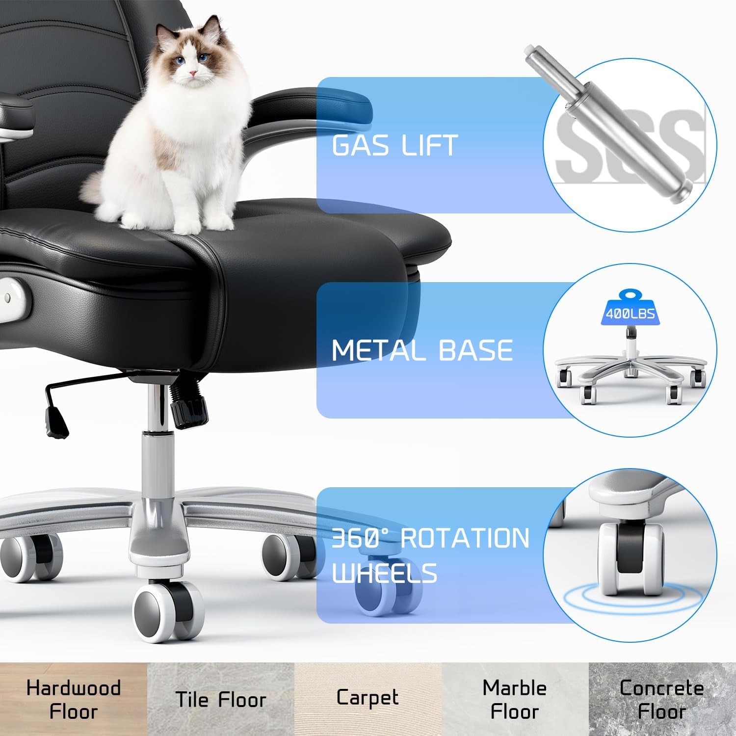 Big and Tall Office Chair 400Lb Wide Seat, Ergonomic High Back Leather Executive Desk Chair with Flip-Up Arms, Black