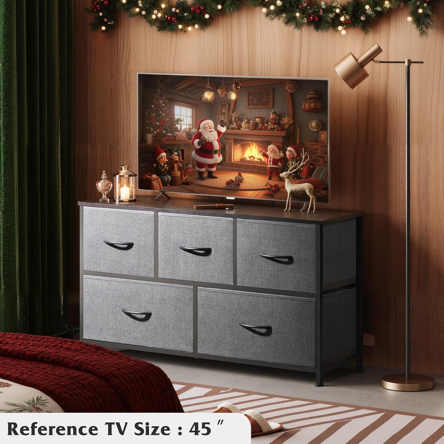 Dresser for Bedroom with 5 Drawers, Wide Chest of Drawers, Fabric Dresser, Storage Organizer Unit with Fabric Bins for Closet, Living Room, Hallway, Dark Grey