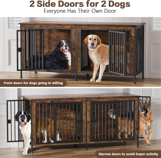 Dog Crate Furniture for 1 or 2 Dogs, Heavy Duty Single/Double Dog Crates for Small/Medium/Large Dogs, Dog Kennel Furniture Indoor as TV Stand, Large Size 78.74" L(35-60 Pounds), Brown