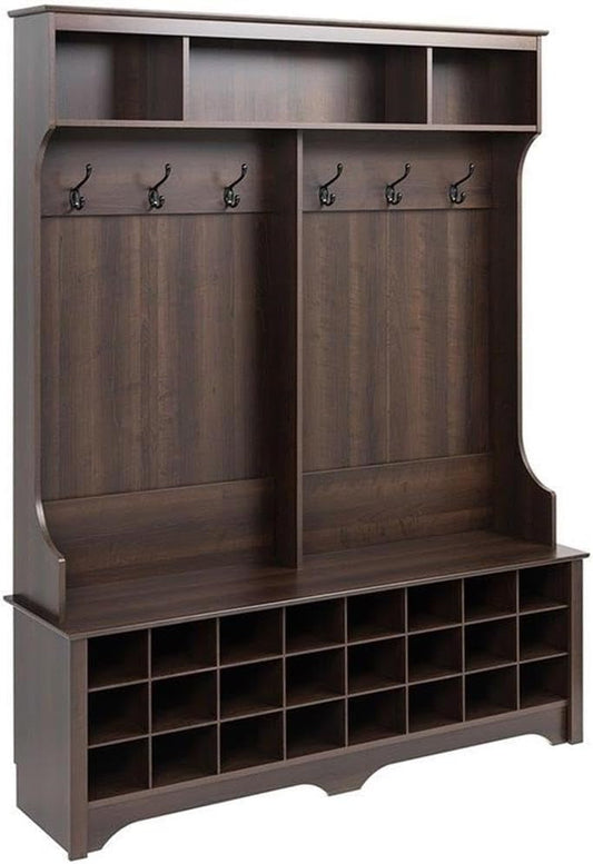 Brown Hall Tree, Shoe Cabinet, Storage Cabinet with 24 Shoe Cubbies and 6 Double Coat Hooks 15.5" D X 60" W X 77" H