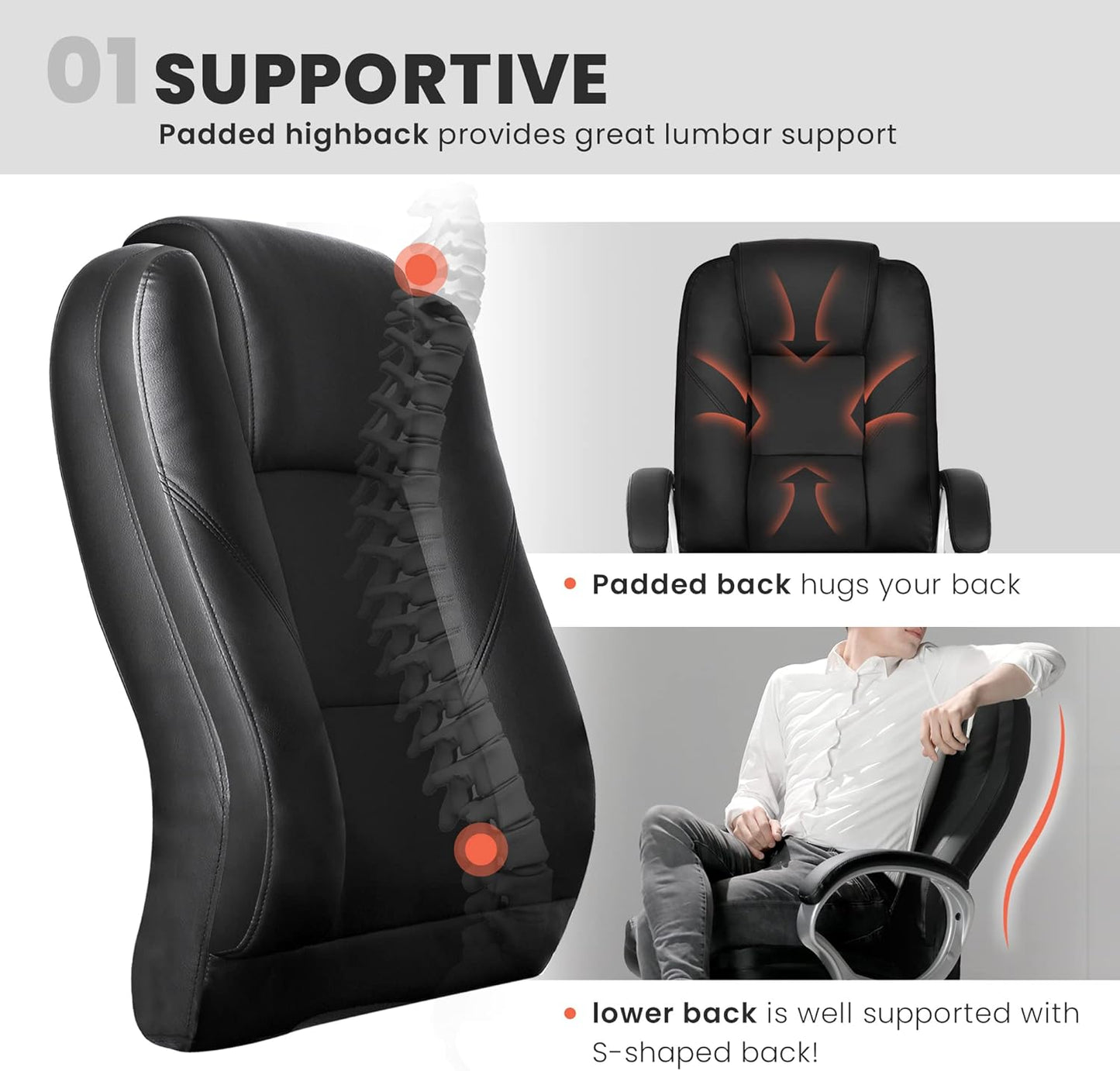 Office Desk Ergonomic Gaming Chair High Back Adjustable Computer Chair with Wheels and Lumbar Support Comfy Leather Executive Swivel (Jet Black)