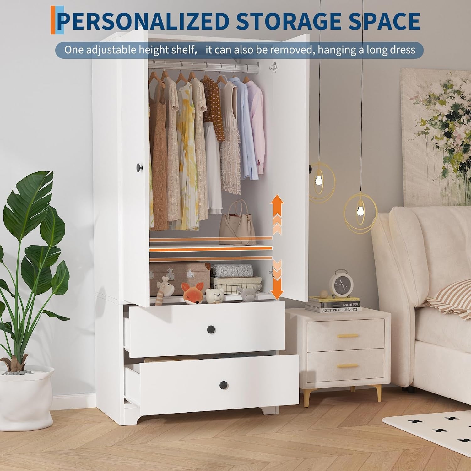 71" Armoire Wardrobe Closet, Modern Wooden Bedroom Armoire with 2 Drawers & 2 Doors and Adjustable Shelves，Clothing Storage Cabinet with Aluminum Hanging Rod, Locker