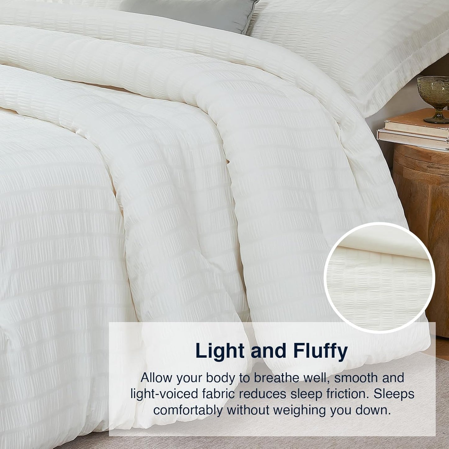 Beige Queen Comforter Set - 3 Pieces Seersucker Lightweight Bedding Comforter Sets (1 Soft Fluffy Comforter & 2 Pillowcases) - All Seasons Cozy Farmhouse Bed Sets for Women Men