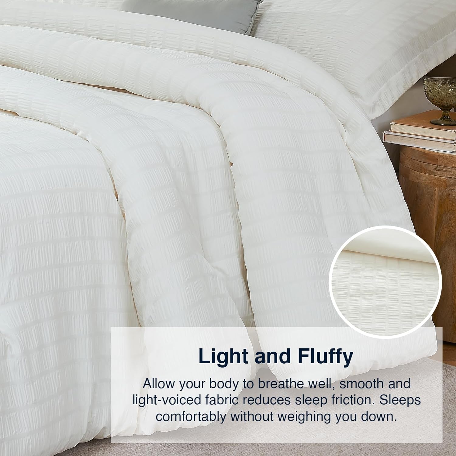 Beige Queen Comforter Set - 3 Pieces Seersucker Lightweight Bedding Comforter Sets (1 Soft Fluffy Comforter & 2 Pillowcases) - All Seasons Cozy Farmhouse Bed Sets for Women Men