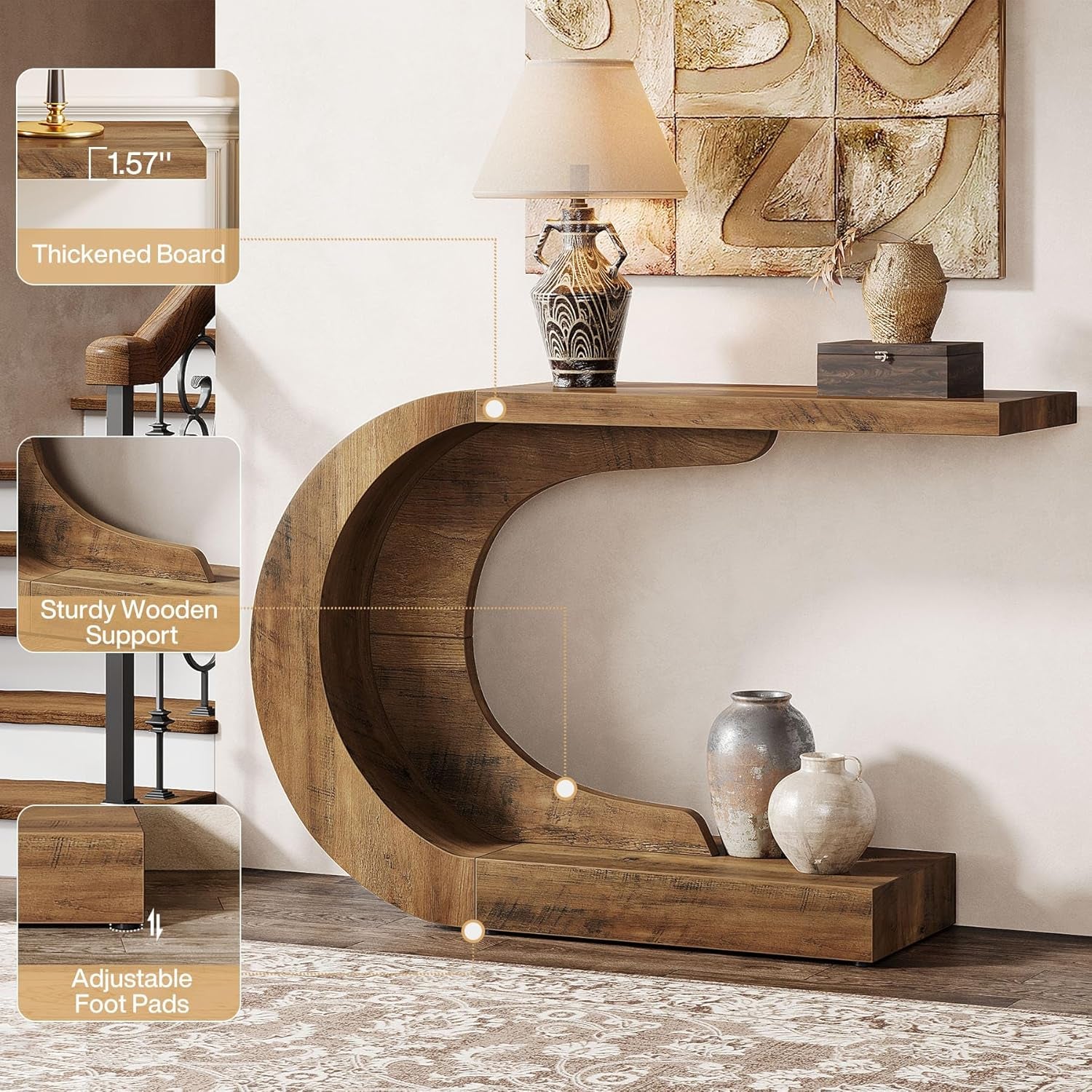 43.3" Mid-Century Modern Console Table for Entryway, Wood C-Shaped Hallway Entry Accent Table for Living Room, Entrance, Foyer, Easy Assembly, Brown