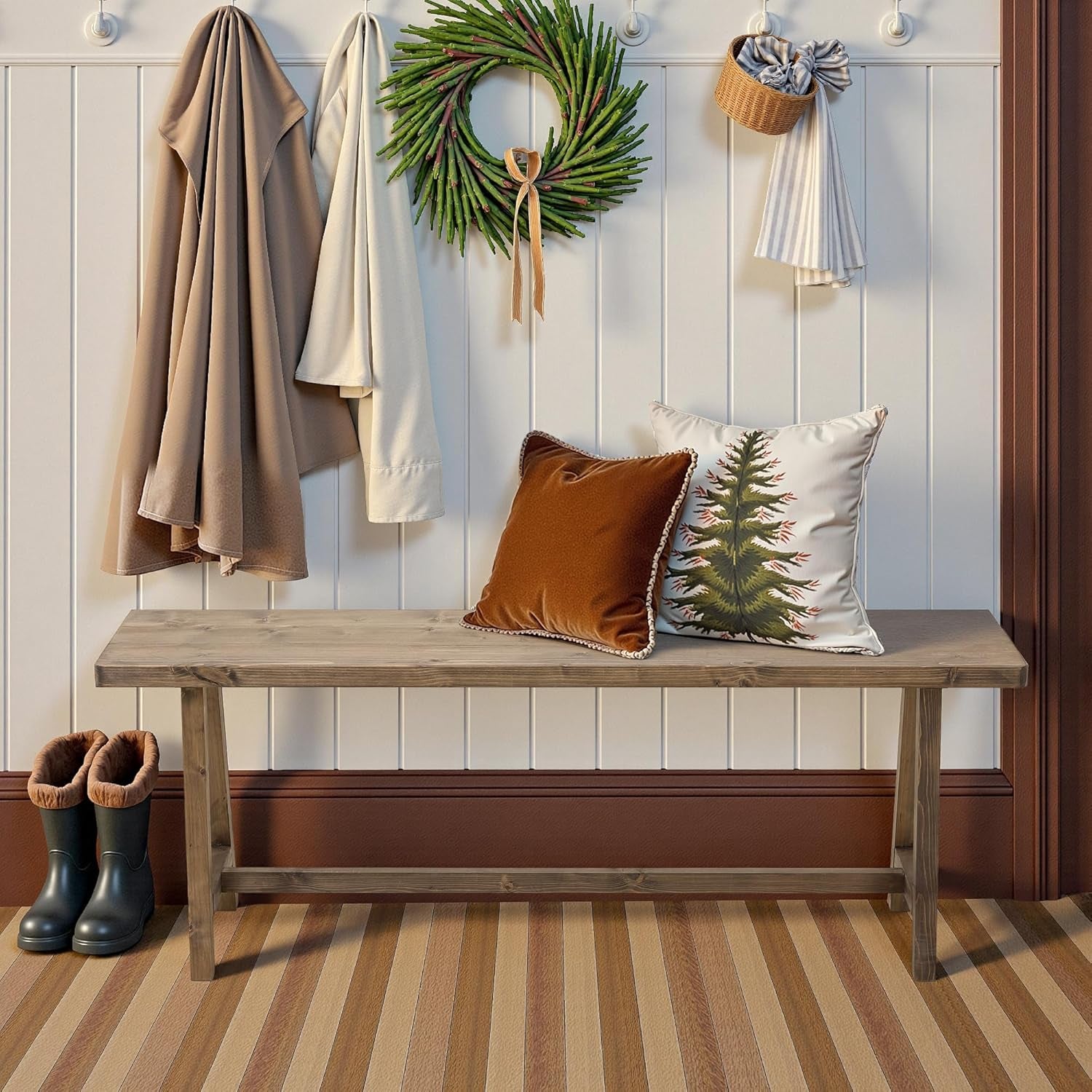 Solid Wood Bench, 47.2” Rustic Farmhouse Entryway Bench for Living Room Dining Room Hallway Closet Room, Indoors & Outdoors Bench