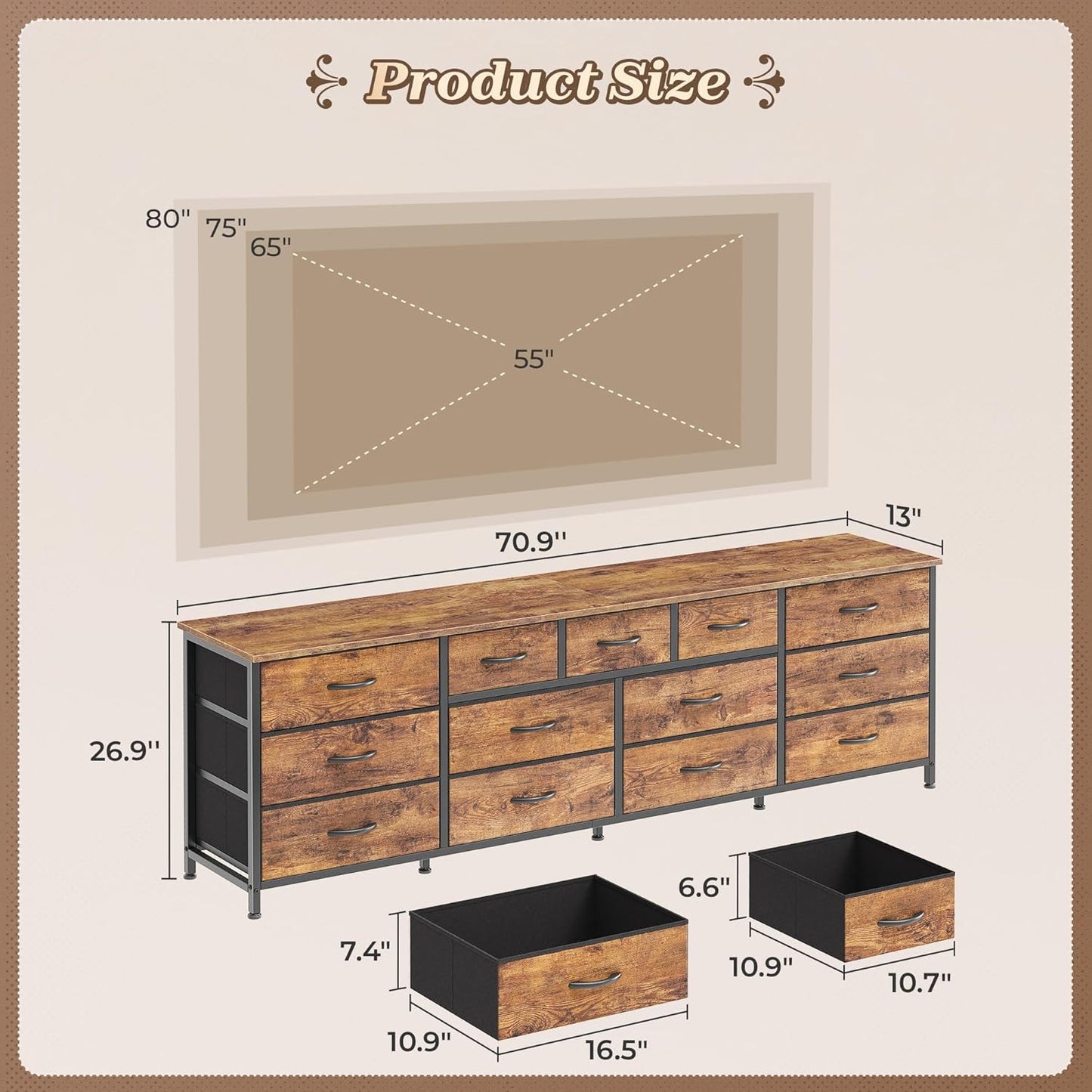 70 Inch Dresser for Bedroom, TV Stand for 65, 75, 80 Inch TV, 13 Fabric Drawer Long Dresser, Large Entertainment Center for Bedroom, Wide Chest of Drawer with Storage, Rustic Brown