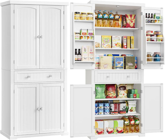 Pantry Cabinet, 71.7-Inch High Freestanding Tall Cupboard Storage Cabinet with a Drawer, 2 Cabinets, 4 Adjustable Shelves, 6 Door Shelves, for Living Room, Kitchen, White UBBC561P31V2