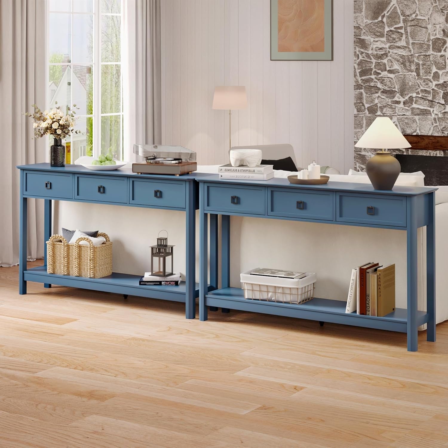 53.1" Console Table with 3 Drawers, Modern Entryway Table, 2-Tier Narrow Long Sofa Table behind Couch Table for Living Room, Hallway, Blue