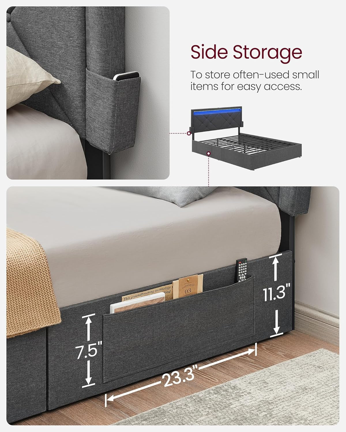 Queen Bed Frame with 51.4 Inch Tall Storage Headboard, Bed Frame Queen Size with 4 Storage Drawers on Wheels, LED Lights, Charging Station, No Box Spring Needed, Modern, Dark Gray URMB891G02