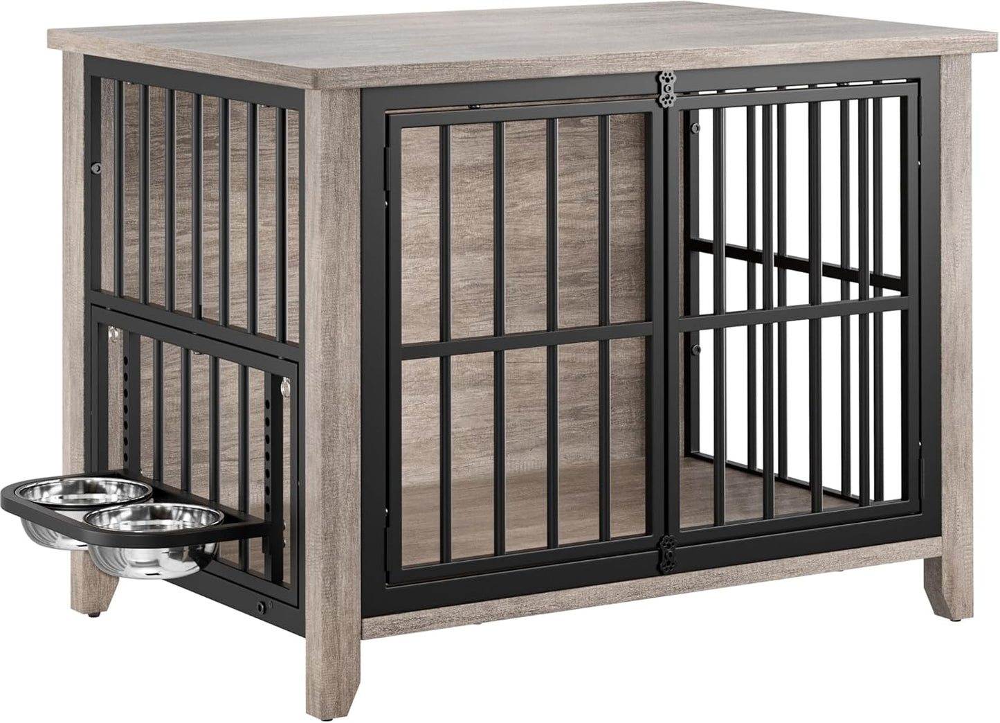 Dog Crate Furniture, Wooden Dog Kennel Indoor with Adjustable 360°& Height Dog Bowls, Double Doors Furniture Dog Crates End Table for Small/Medium 31.5" L*22.5" W*25.6" H, Grey