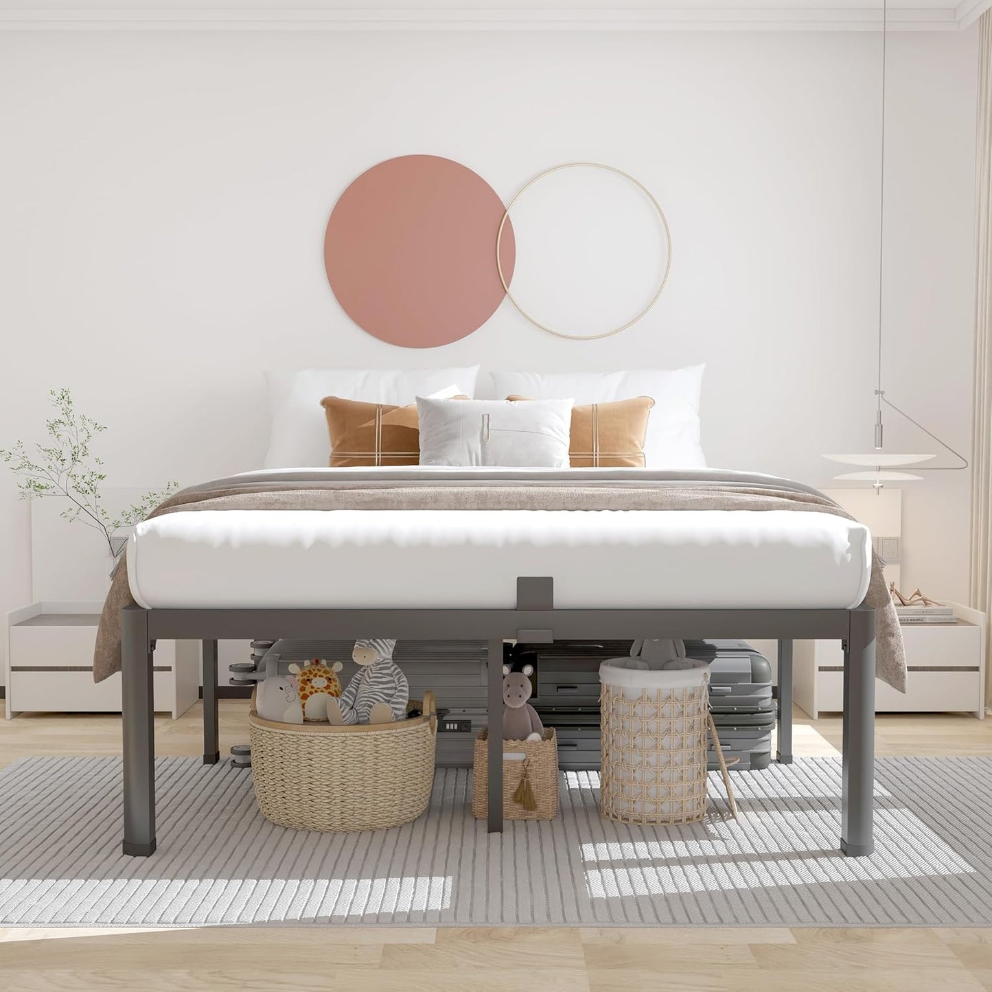 18 Inch Queen Bed Frame with Rounded Corner and Headboard Hole Mattress Retainers 3500LBS Metal Heavy Duty Steel Slats No Box Spring Needed Platform Noise-Free Easy Assembly
