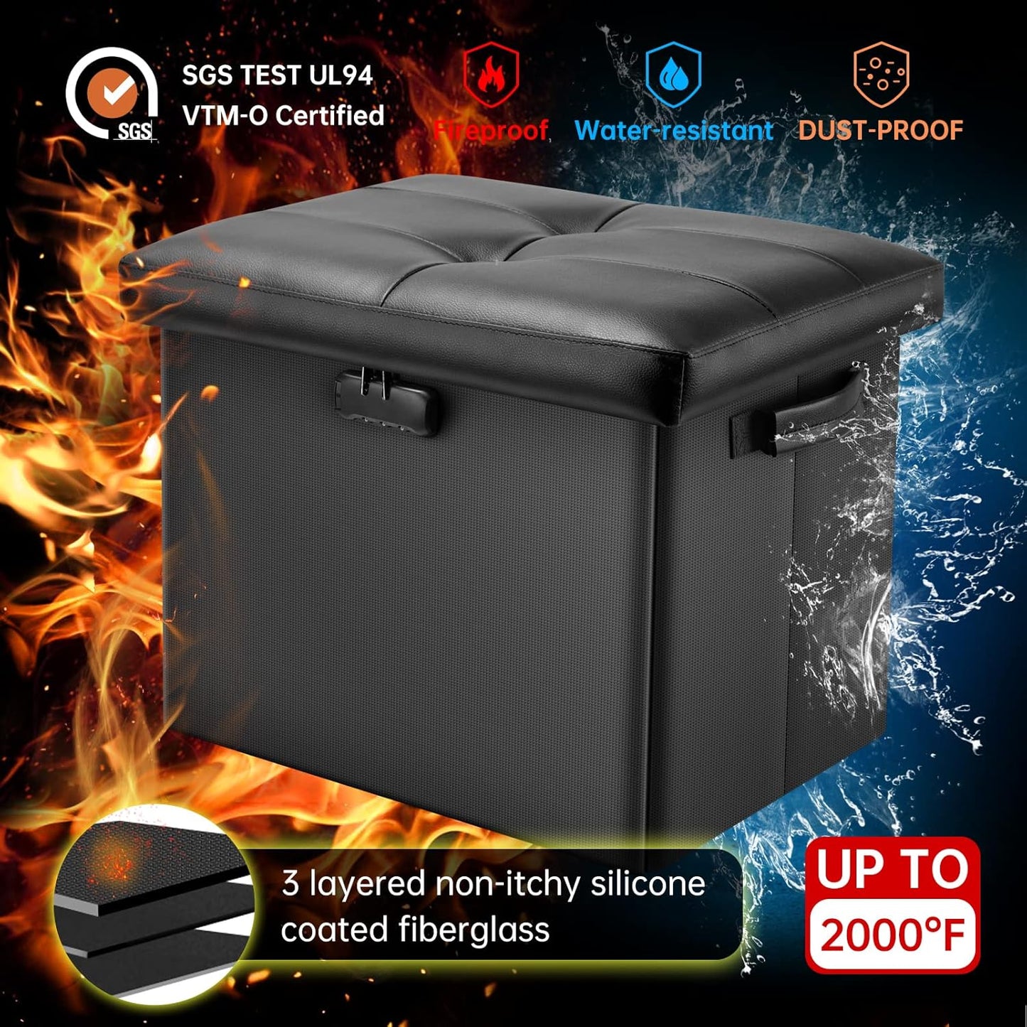 Storage Ottoman with Lock,Fireproof Folding Ottoman Foot Rest Stool Storage Chest with Storage Safe for Important Documents,Waterproof 17 Inches Short Ottoman Foot Stool with Handles,Black