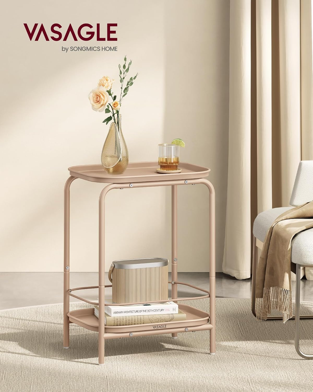 2-Tier Outdoor Table, Small Side End Table with Tray Storage, Bedside Nightstand for Living Room, Bedroom, Modern Style, Cream White ULET243W01