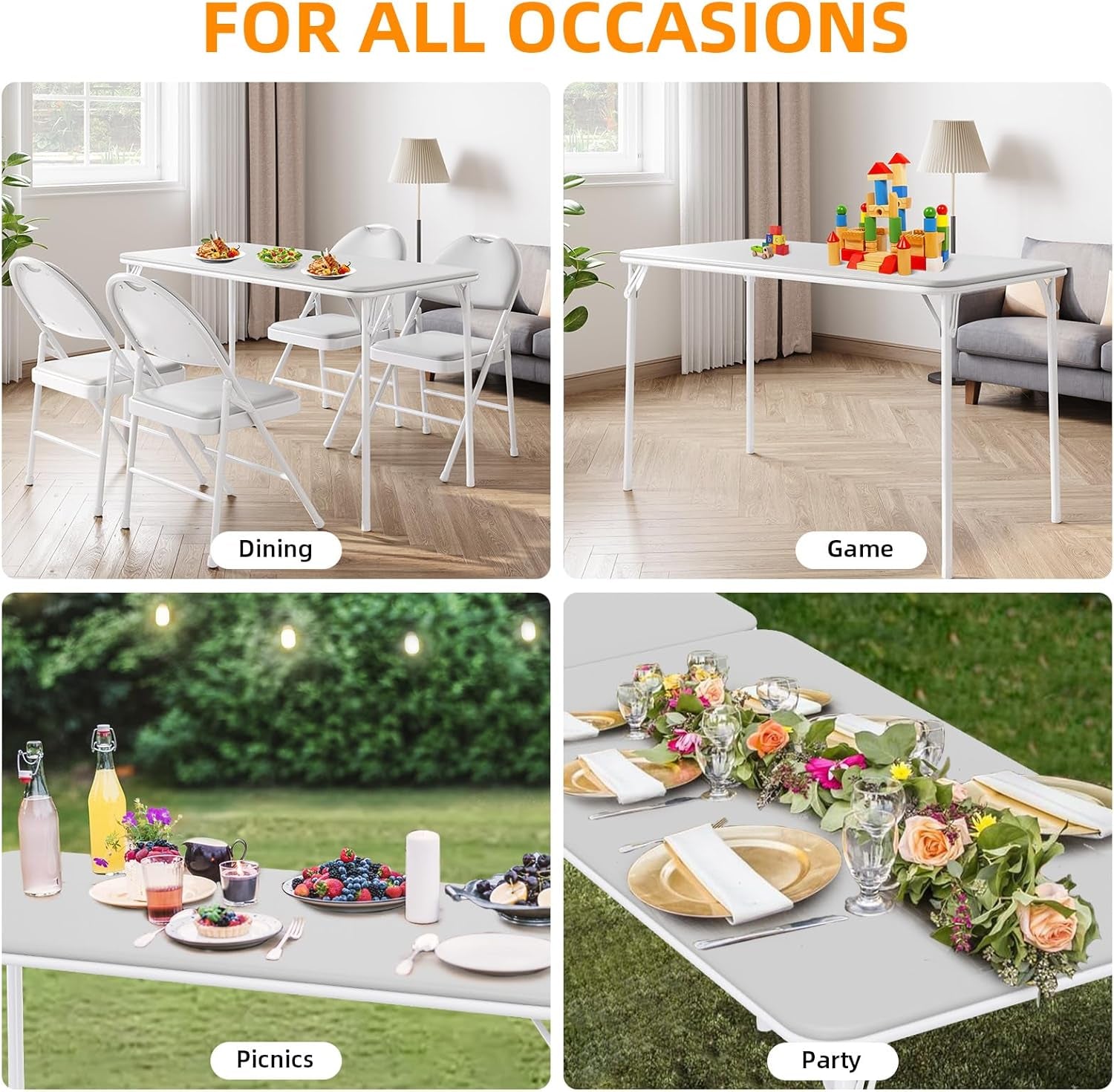 Protable Folding Table and Chairs, 5 Piece Folding Card Table and Chairs Set, Foldable PU Upholstered Table and Chairs Set of 5, for Dining Room, Living Room, Office, Camping, Gray