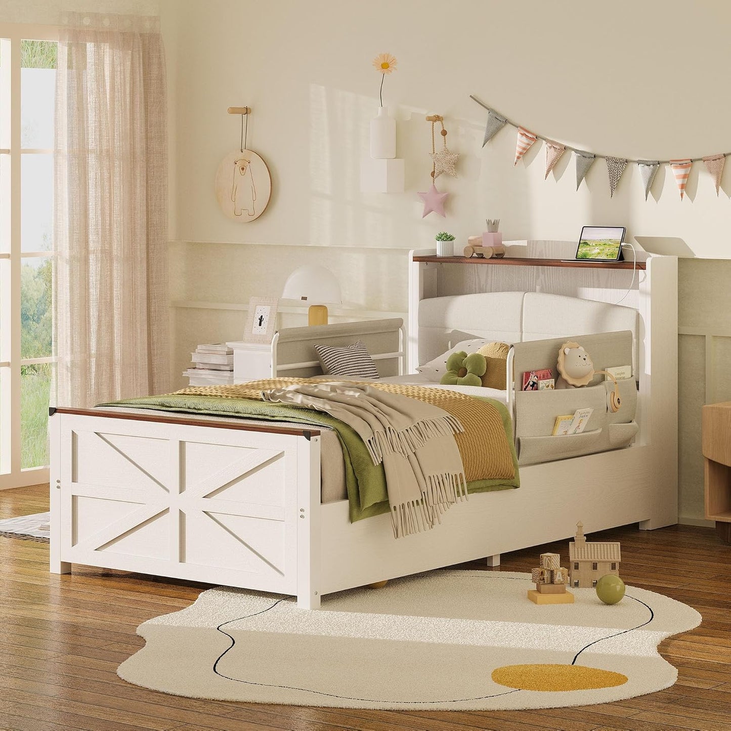 Twin Bed Frame with Rails, Farmhouse Platform Bed with 2 Drawers, Upholstered Storageheadboard & Charging Station for Boys Girls Teens, No Box Spring Needed, White/Walnut