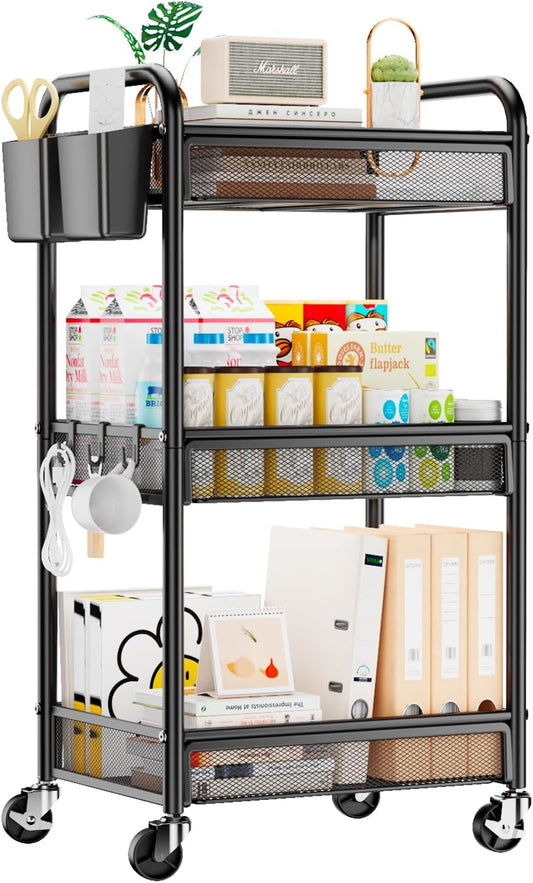 3 Tier Rolling Cart – Metal Utility Storage Carts with Wheels, Craft Cart Organizer with Hanging Cups, Hooks, Mesh Basket for Bedside Kitchen Office Art, Black