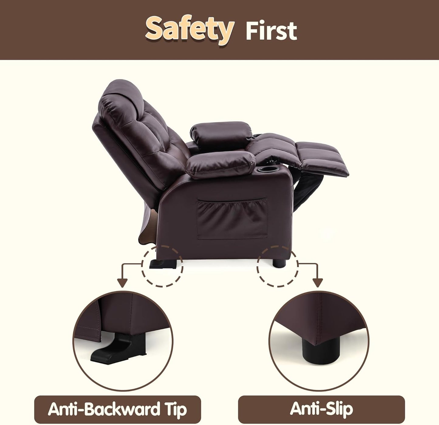 Big Kids Recliner for Ages 3+, Child Reclining Chair, Toddlers Recliner Sofa with Cup Holders (Faux Leather, Dark Brown)