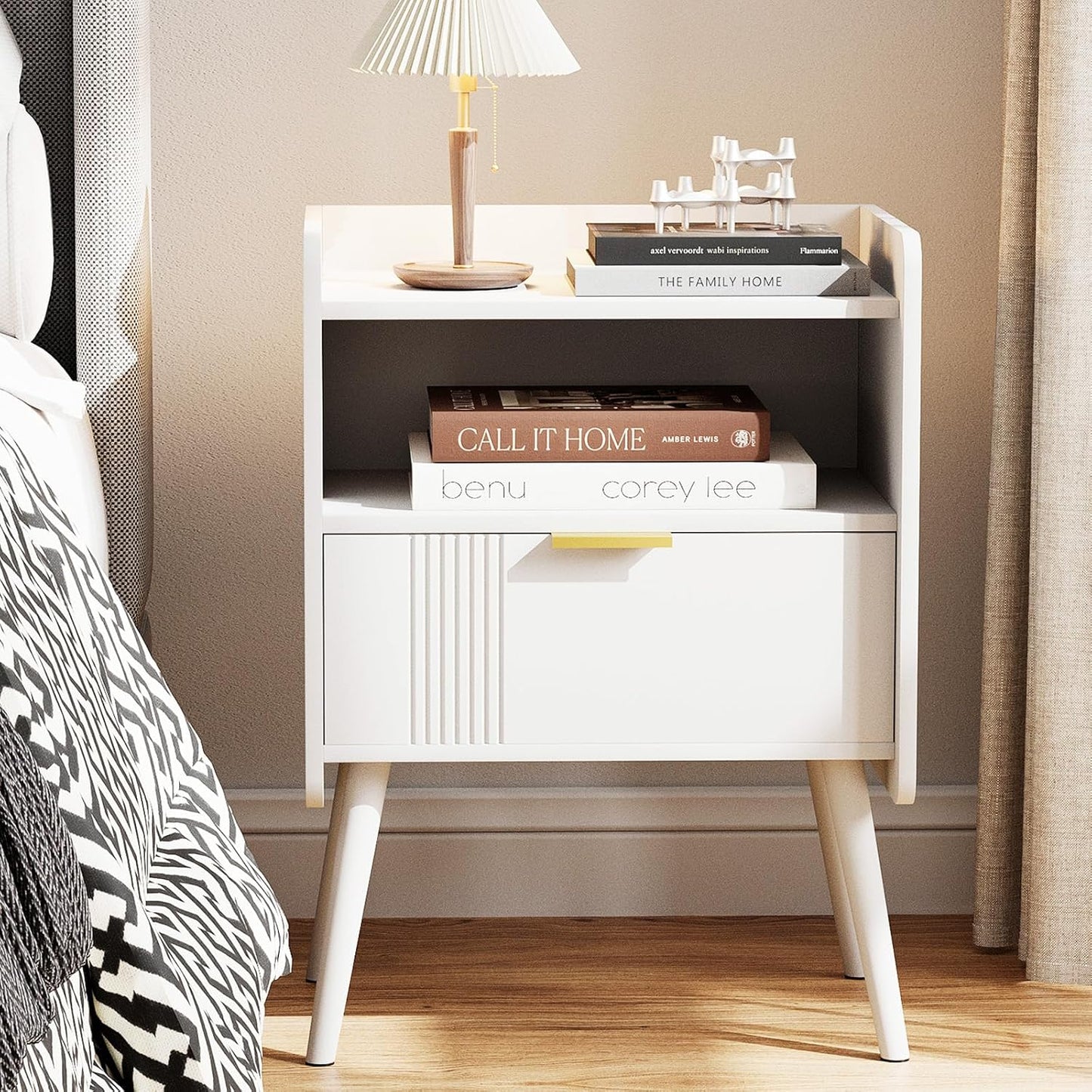 Night Stand Modern End Table with Storage Drawer and Open Shelf, Small Bedside Table, Wooden Sofa Side Stand for Bedroom,Study Room and Small Spaces (White)