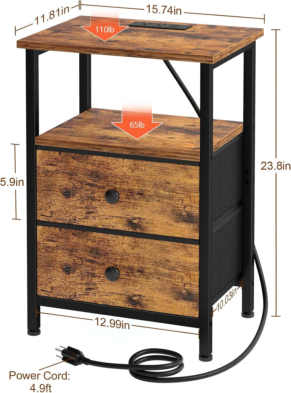 Night Stand, Nightstand with Charging Station, End Table with Storage 2 Fabric Drawers for Bedroom, Small Bed Side Table with USB Ports and Outlets for Living Room, Brown, HETS020BR-1