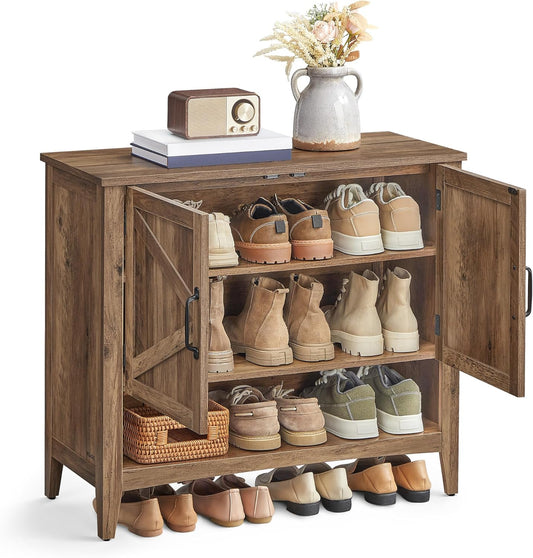 Shoe Cabinet, 3-Tier Shoe Storage Organizer, Farmhouse Freestanding Cabinet with Height-Adjustable Shelf, 13.8 X 31.5 X 27.6 Inches, Entryway, Honey Brown ULBC038B01