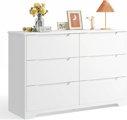 6 Drawer Double Dresser for Bedroom with Anti-Tip Design, Modern Wide Wooden Chest of Drawers with Cut-Out Handles, Closet Storage Organizer and TV Stand for Living Room, Hallway, Entryway