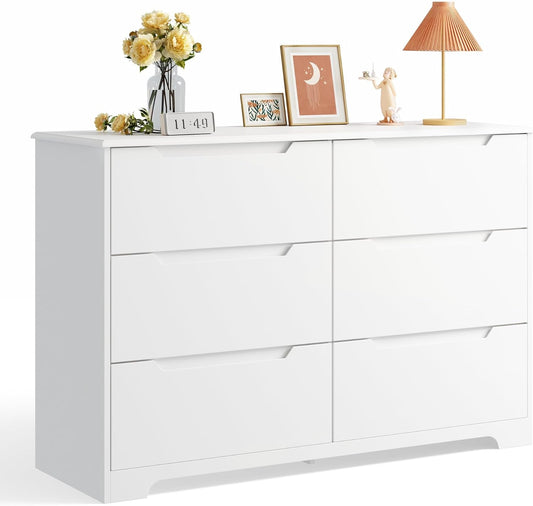 6 Drawer Double Dresser for Bedroom with Anti-Tip Design, Modern Wide Wooden Chest of Drawers with Cut-Out Handles, Closet Storage Organizer and TV Stand for Living Room, Hallway, Entryway