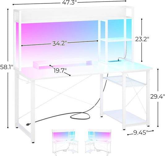Gaming Desk with Hutch, 47'' Computer Desk with LED Lights & Power Outlets, Home Office Desk with Reversible 5 Tiers Storage Shelves & Monitor Stand, Small Gaming Table for Small Space, White