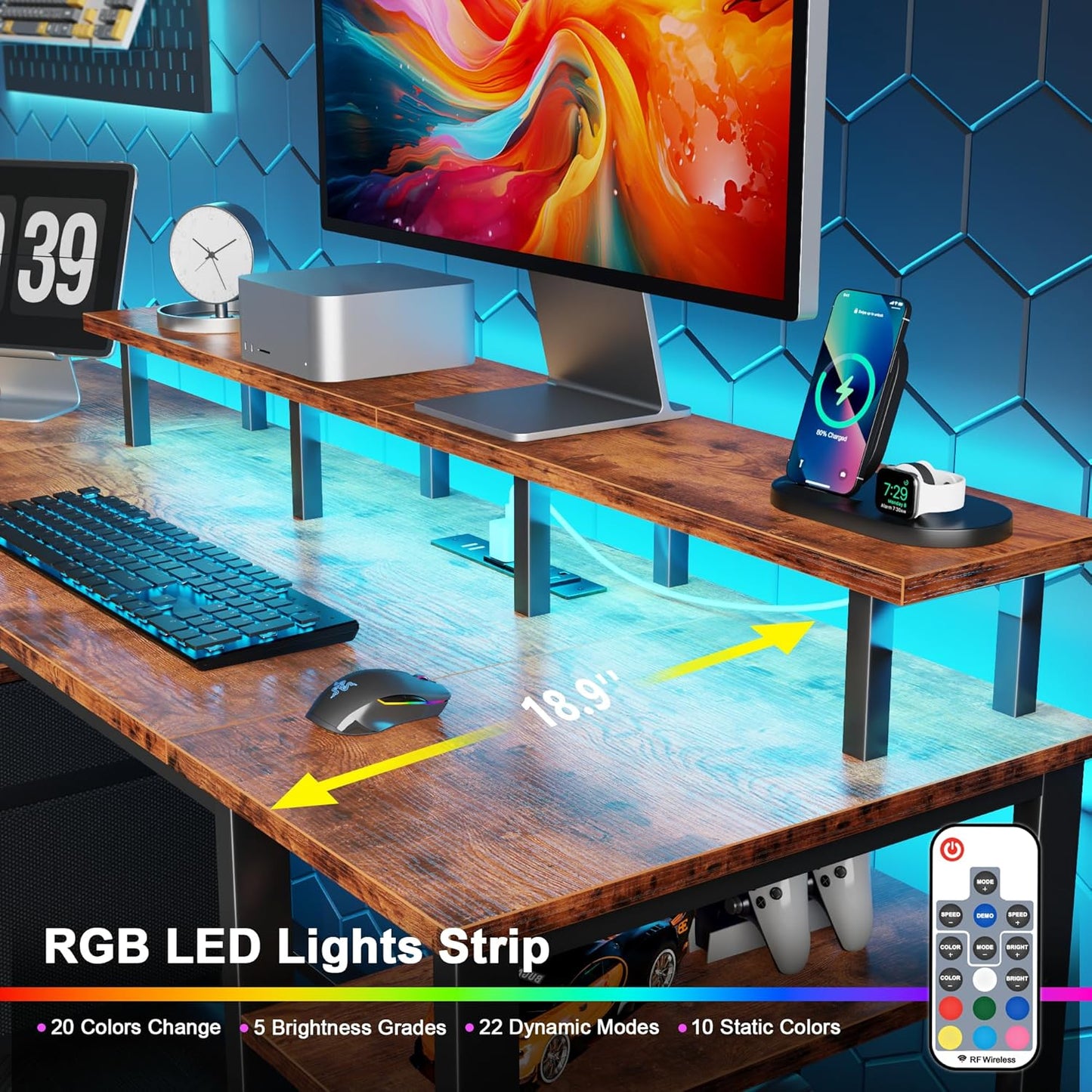 61" Computer Desk with Power Outlet & LED Lights, Reversible Gaming Desk with File Cabinet & Monitor Stand for Home Office, Writing Study Table with Storage Shelves and Drawer, Rustic Brown
