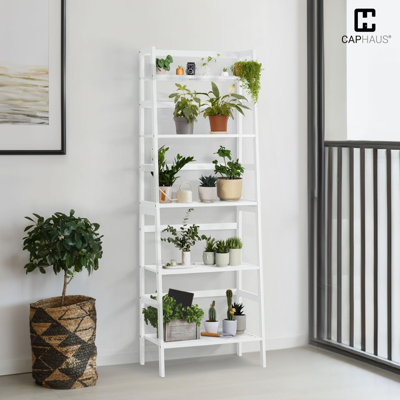 Bookshelf, 5-Tier Ladder Shelf, Floor Bookcase with Bamboo Frame,Freestanding Storage Shelves Corner Shelf, for Living Room,Home Office,Bedroom,Kitchen,Bathroom,Plant Stand,White