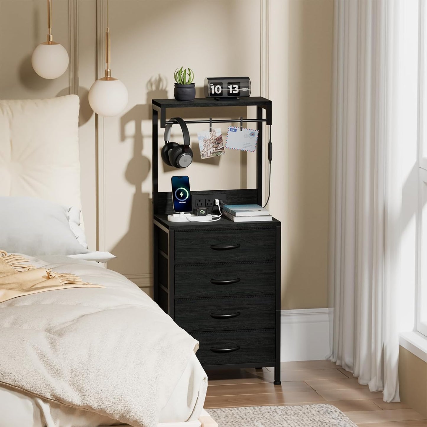 Tall Nightstand with Charging Station, Night Stands with LED Lights and Storage Shelves, Bed Side Table for Bedroom, Hallway, Office, 4 Fabric Drawers (Black Oak)