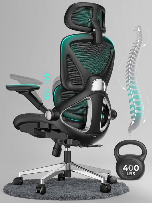 Ergonomic Mesh Office Chair, Adjustable Lumbar High Back Desk Chair 400Lbs, 4D Flip-Up Arms, 3-Level Tilt Backrest, 3D Headrest, PU Wheels, Swivel Rolling Computer Seating for Long Desk Work