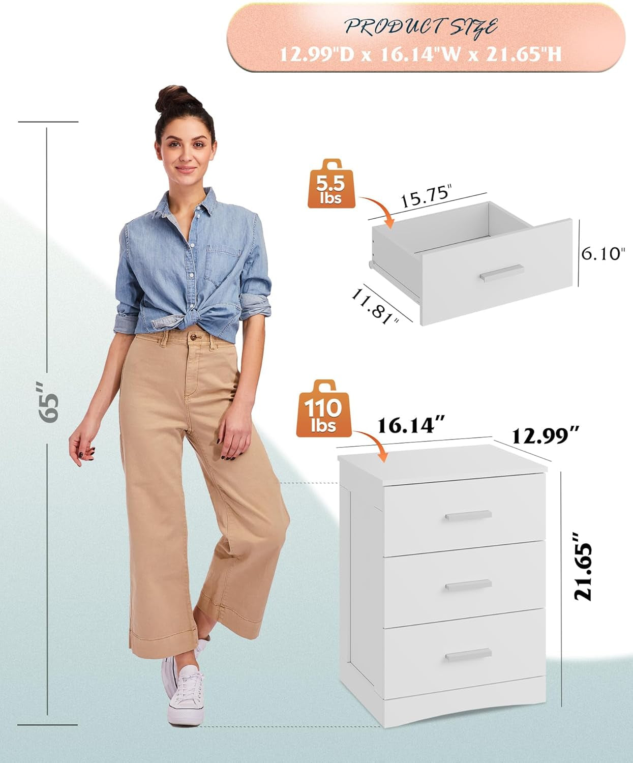 White Night Stand, Wood Nightstand with 3 Drawers, Bed Side Table for Bedroom, Living Room, Dorm, Modern Minimalist Bedside Table