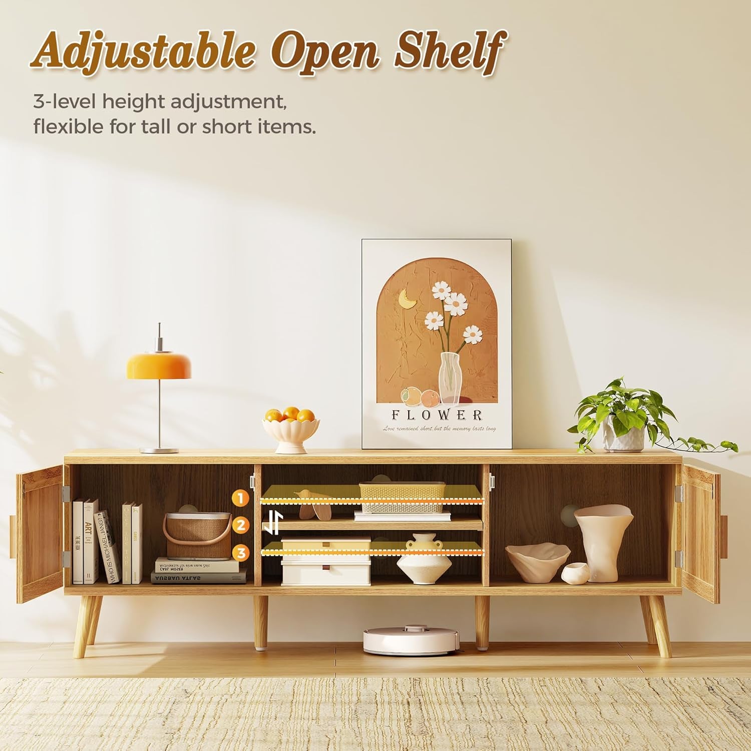 Boho TV Stand for 65 Inch TV, Entertainment Center with Adjustable Shelf, Rattan TV Console with 2 Cabinets, Media Console, Solid Wood Feet, 4 Cord Holes, for Living Room - Natural