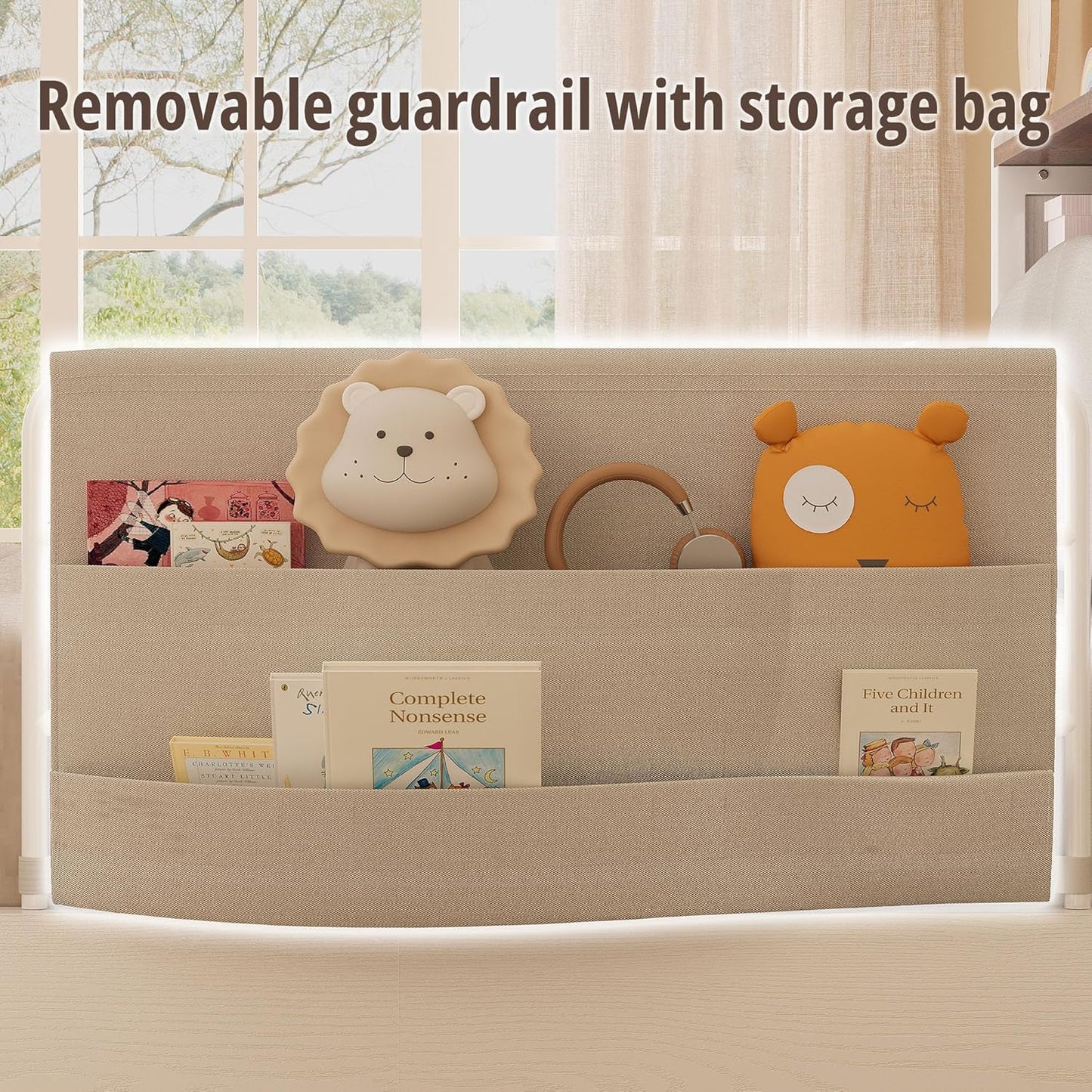 Twin Bed Frame with Rails, Farmhouse Platform Bed with 2 Drawers, Upholstered Storageheadboard & Charging Station for Boys Girls Teens, No Box Spring Needed, White/Walnut