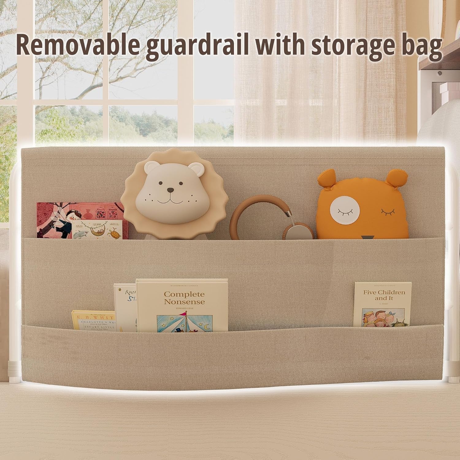 Twin Bed Frame with Rails, Farmhouse Platform Bed with 2 Drawers, Upholstered Storageheadboard & Charging Station for Boys Girls Teens, No Box Spring Needed, White/Walnut