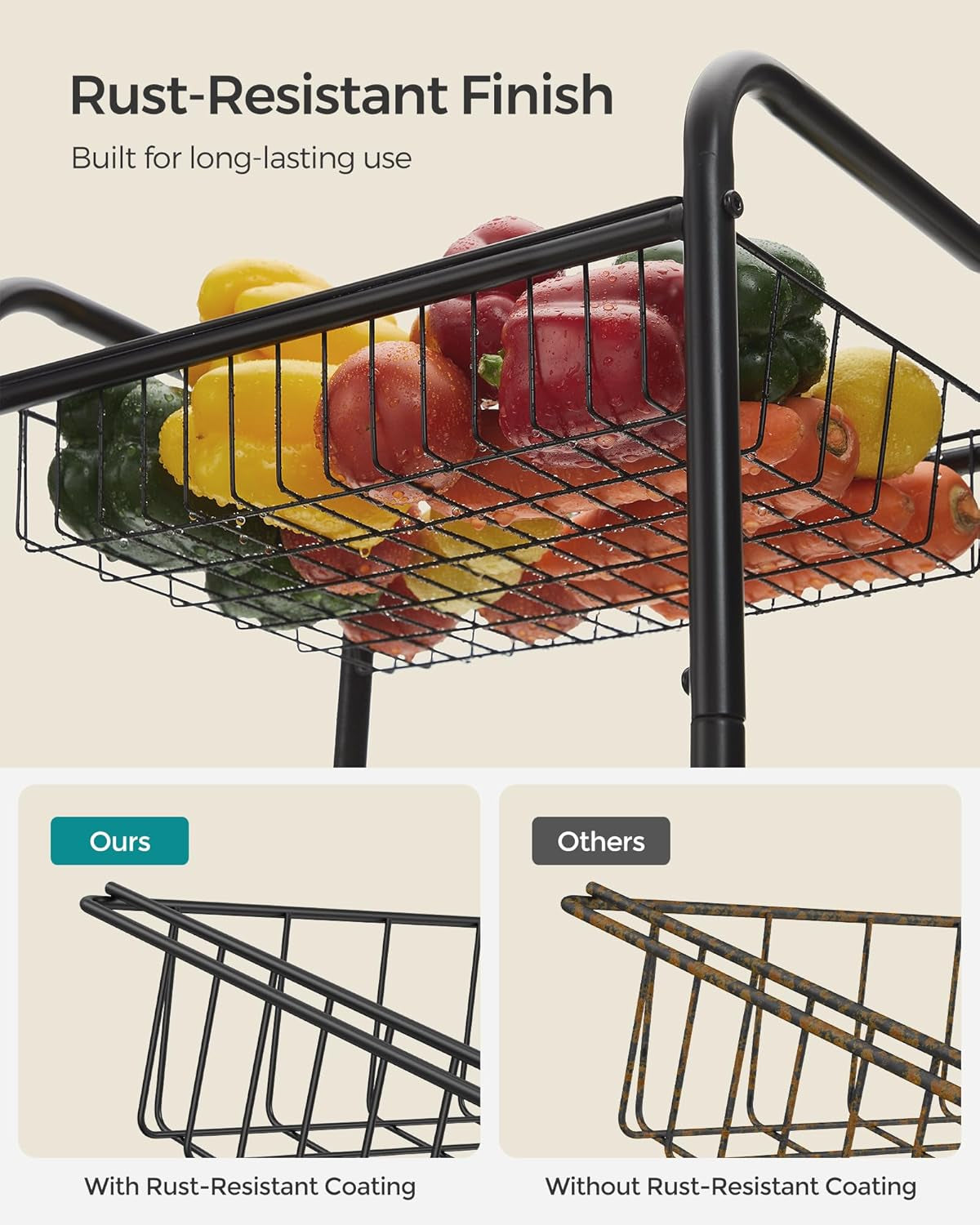3-Tier Metal Rolling Cart on Wheels with Baskets, Lockable Utility Trolley with Handles for Kitchen Bathroom Closet, Storage with Removable Shelves, Black UBSC03BK