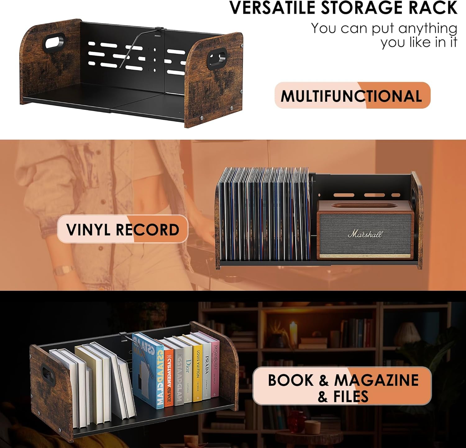 Vinyl Record Storage Holder, Expandable Record Holder Rack with Movable Divider, 110 LP Album Display Shelf Stand, Magazine Holder (Rustic Brown, 1-Tier)
