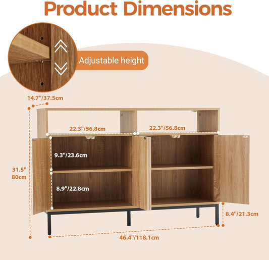 Farmhouse Buffet Sideboard Cabinet with Storage, Fluted Natural Coffee Bar Station Table with Doors and Adjustable Shelves, Modern Wood Cupboard for Kitchen