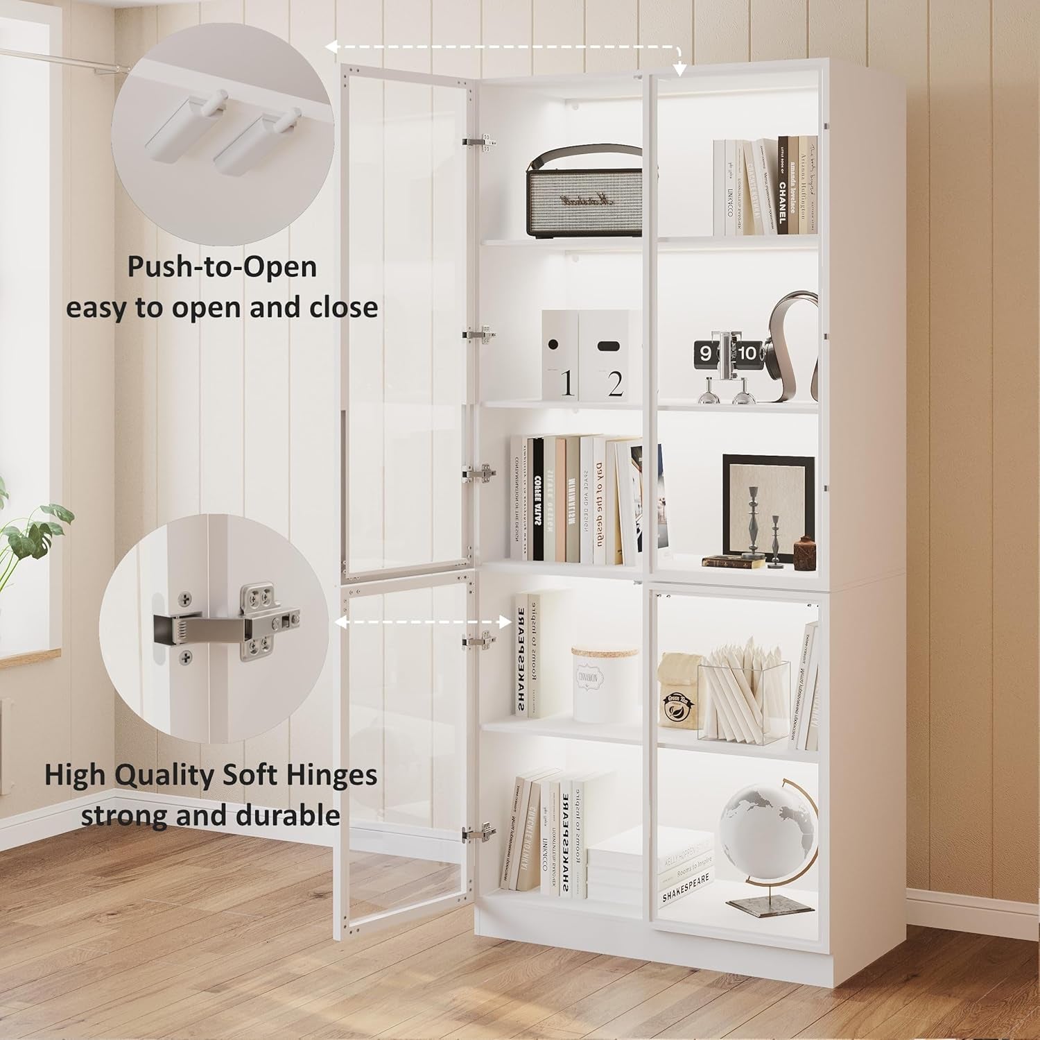 79'' Tall Glass Display Cabinet with LED Lights,Showcase with Glass Doors,5-Tier Curio Cabinet for Collectibles Bookcase,Storage Shelf, Bookcase (White- 5 Layers, Large)