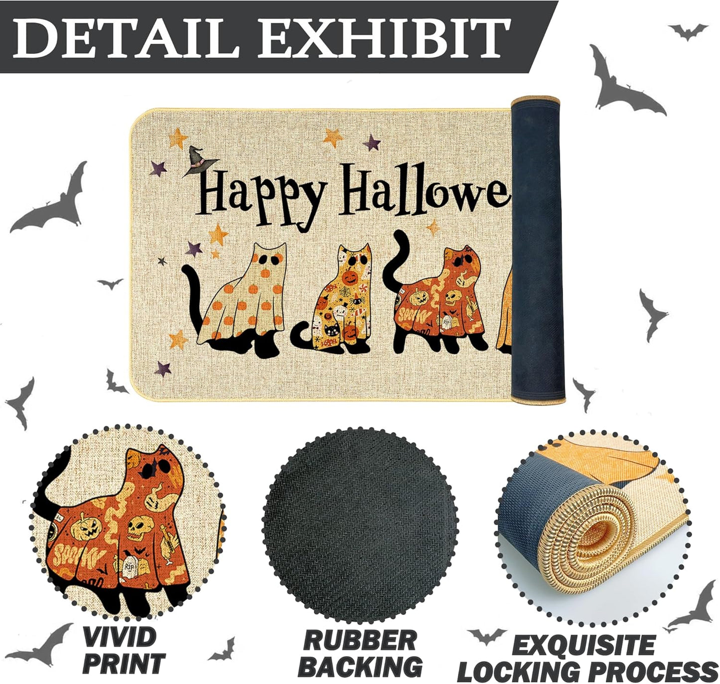 Happy Halloween Doormat Cat Welcome Door Mat Indoor Outdoor Entrance Mat Bathroom Non-Slip Rubber Backed Greeting Halloween Party Decoration 17 X 29 Inches