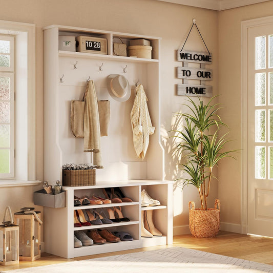 Hall Tree with Bench and Shoe Storage, 3-In-1 Entryway Hall Tree, with Adjustable Shoe Storage, for Entryway, Hallway, White