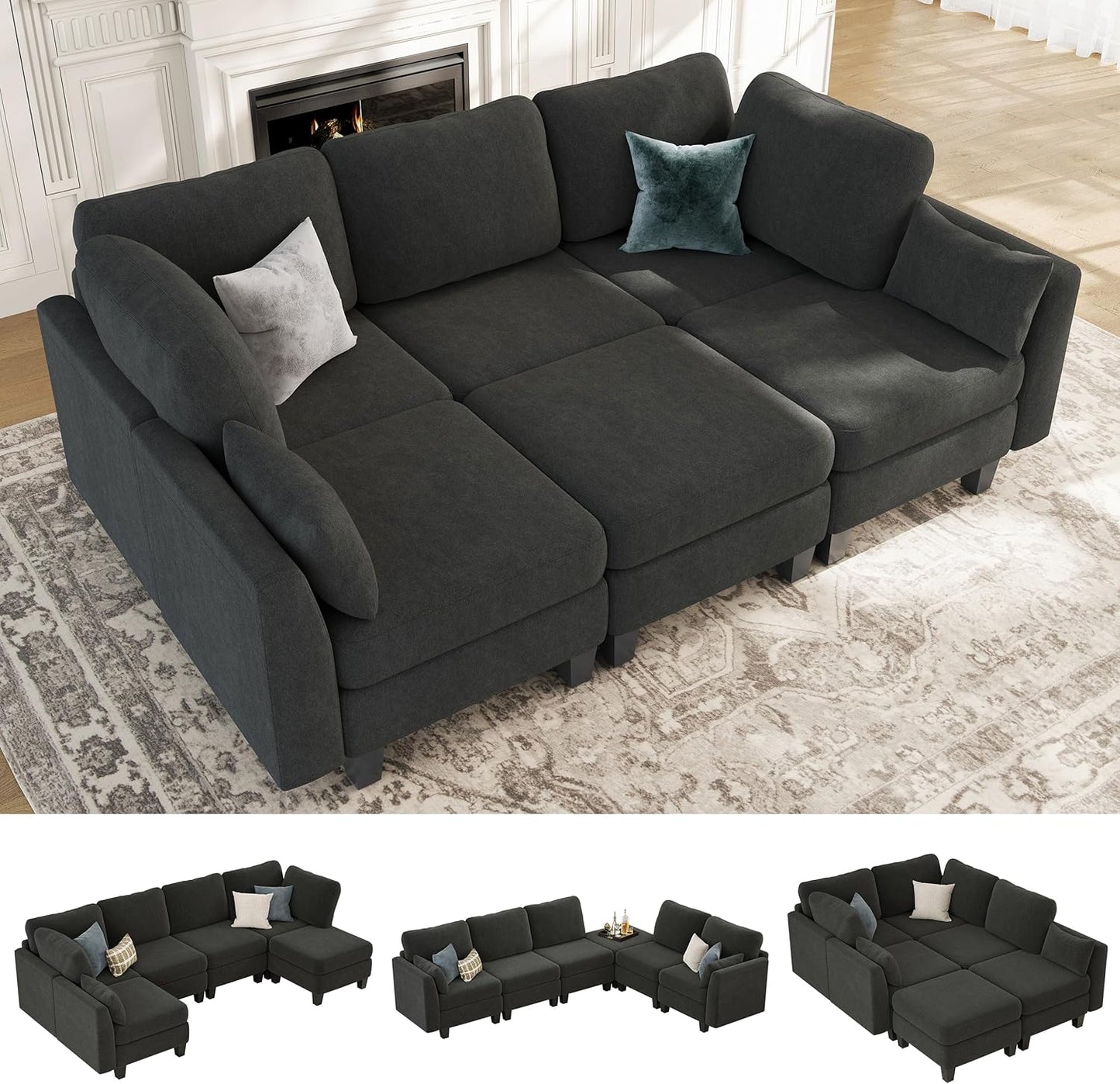 Sectional Sleeper Sofa, 6 Seaters Modular Sleeper Sofa Couch, Comfy Sectionals Couches Bed, Convertible Sofas with Ottomans, Modular Sectional Couches for Living Room, Dark Grey
