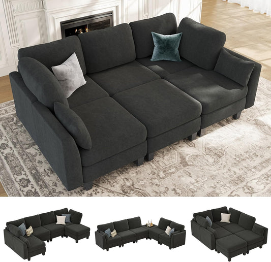 Sectional Sleeper Sofa, 6 Seaters Modular Sleeper Sofa Couch, Comfy Sectionals Couches Bed, Convertible Sofas with Ottomans, Modular Sectional Couches for Living Room, Dark Grey